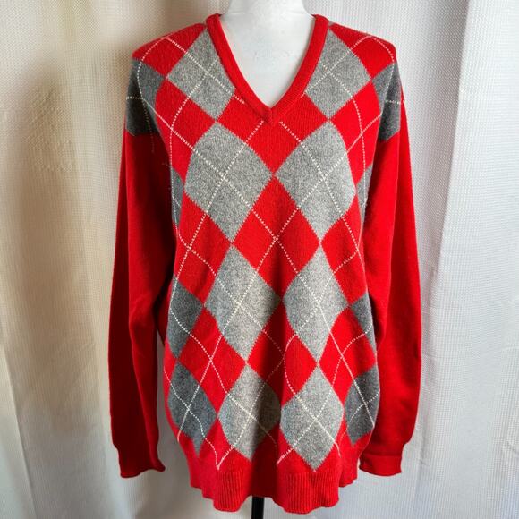 Vintage Lyle & Scott Mens XL Red Gray Argyle Cashmere Sweater Scotland 90s READ - Picture 1 of 11